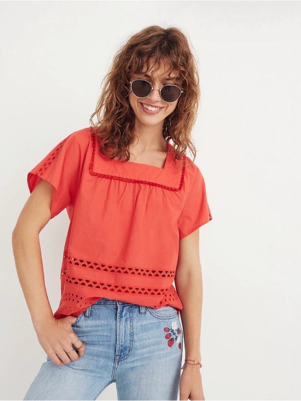 Madewell XXS Coral Orange Eyelet Embroidered Square Neck Blouse